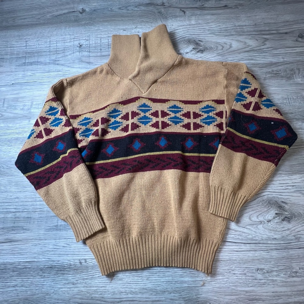 Vintage Sweater Mens Medium Tan Southwestern‎ Geometric Mock Neck Knit K70